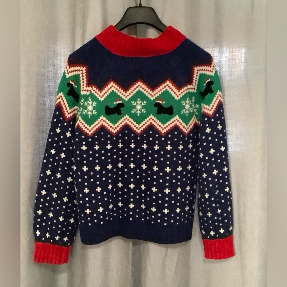 Festive Holiday Blue Sweater with Red and Green Accents - Picture 2 of 5